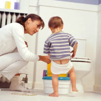 Mother teaching son (15-18 months) to use potty